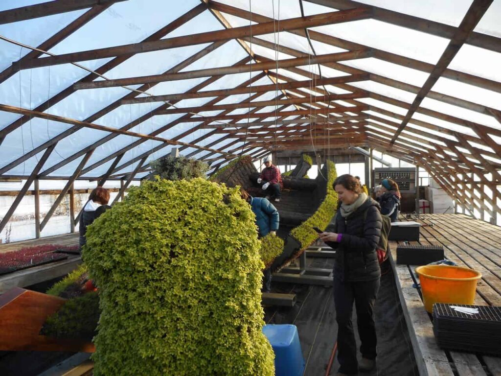 Boat sculpture under construction in a greenhouse in Laval in March 2017. (Photo by Raymond Carriere of Communities in Bloom)